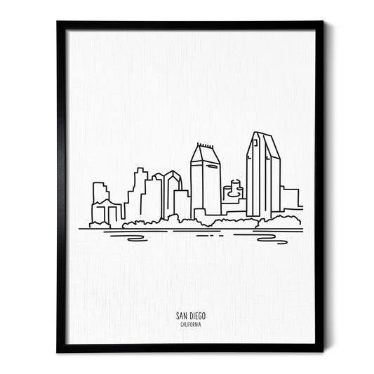 A line art drawing of the San Diego California Skyline on white linen paper in a thin black picture frame
