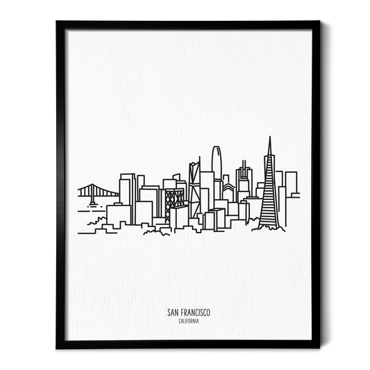 A line art drawing of the San Francisco California Skyline on white linen paper in a thin black picture frame