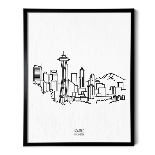 A line art drawing of the Seattle Washington Skyline on white linen paper in a thin black picture frame
