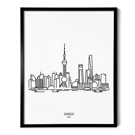 A line art drawing of the Shanghai China Skyline on white linen paper in a thin black picture frame