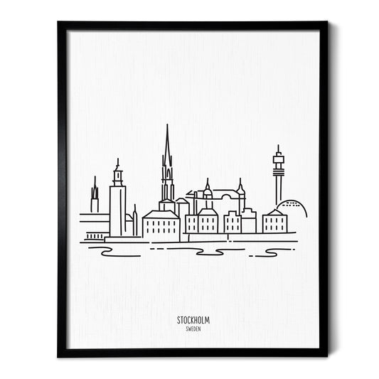 A line art drawing of the Stockholm Sweden Skyline on white linen paper in a thin black picture frame