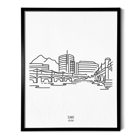 A line art drawing of the Tempe Arizona Skyline on white linen paper in a thin black picture frame