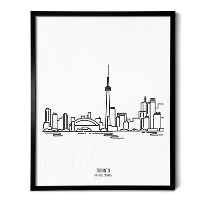 A line art drawing of the Toronto Canada Skyline on white linen paper in a thin black picture frame