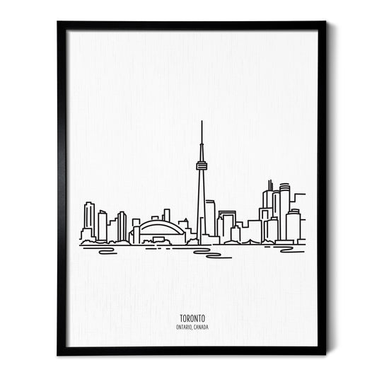 A line art drawing of the Toronto Canada Skyline on white linen paper in a thin black picture frame