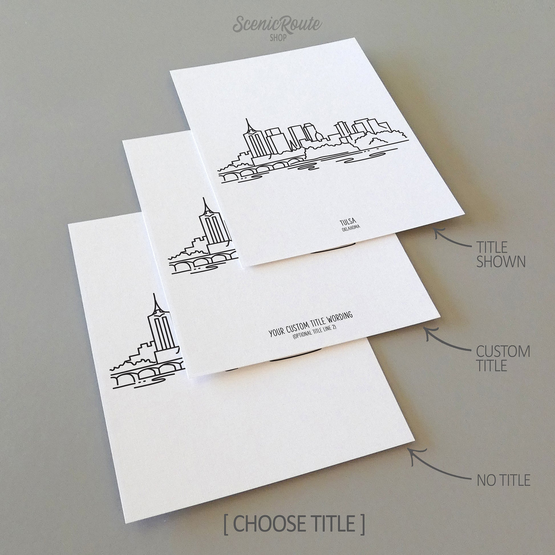 Three line art drawings of the Tulsa Oklahoma Skyline on white linen paper with a gray background. The pieces are shown with title options that can be chosen and personalized.