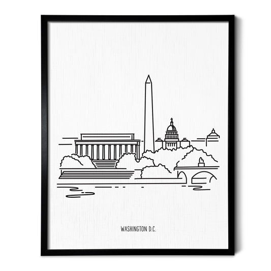 A line art drawing of the Washington DC Skyline on white linen paper in a thin black picture frame