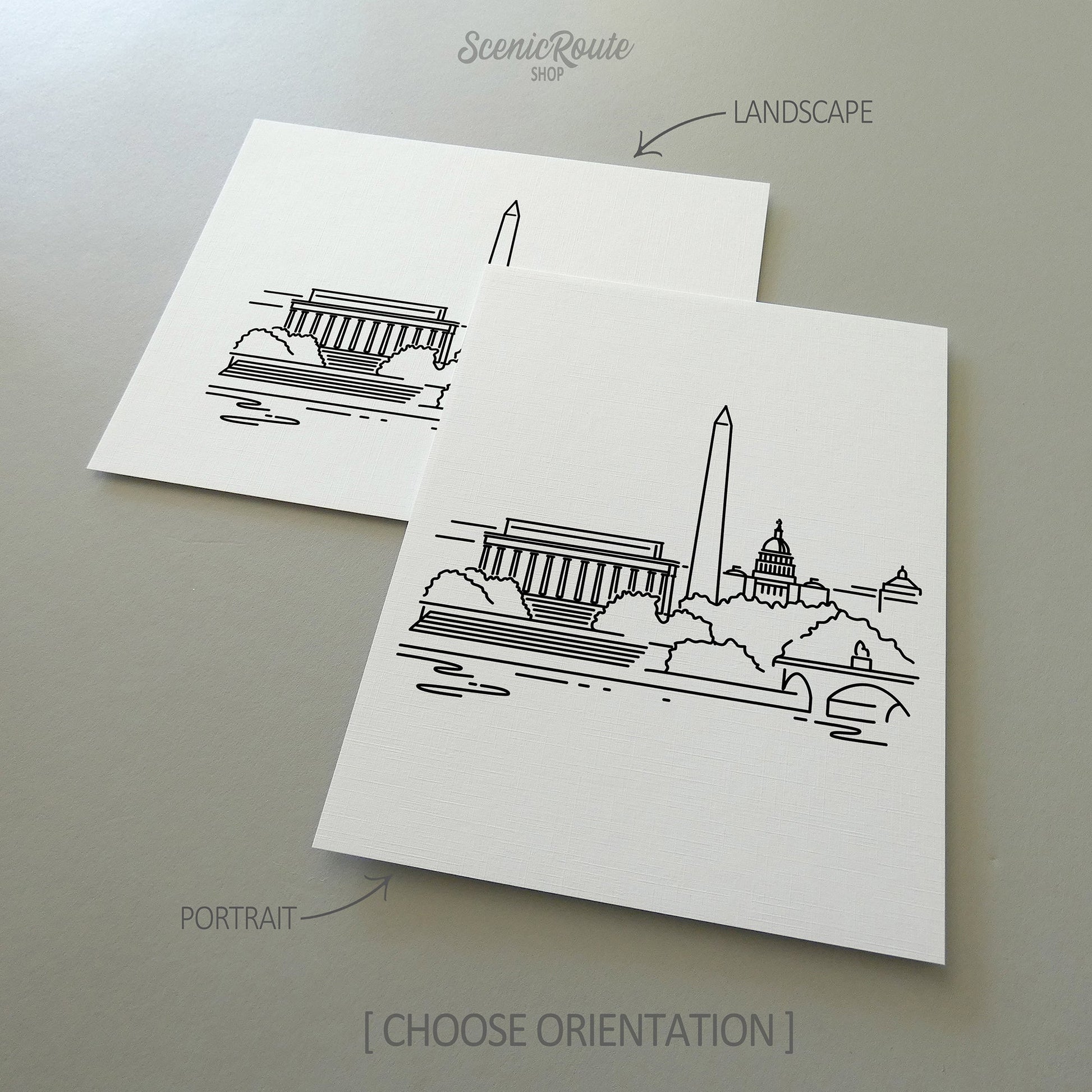 Two line art drawings of theWashington DC Skyline on white linen paper with a gray background.  The pieces are shown in portrait and landscape orientation for the available art print options.