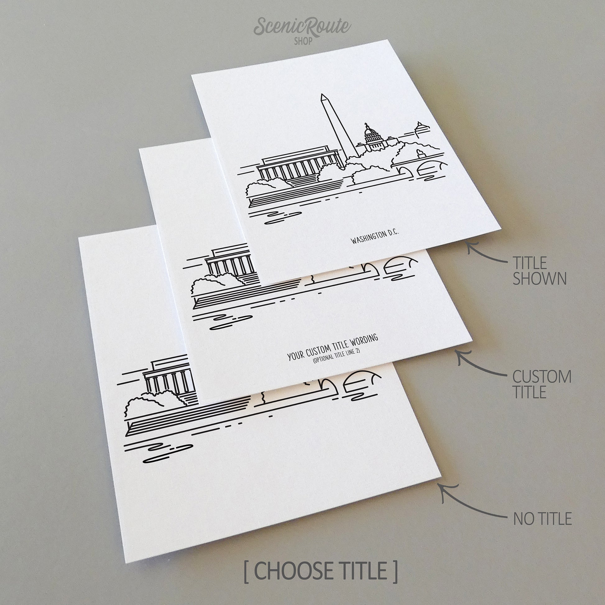Three line art drawings of the Washington DC Skyline on white linen paper with a gray background. The pieces are shown with title options that can be chosen and personalized.