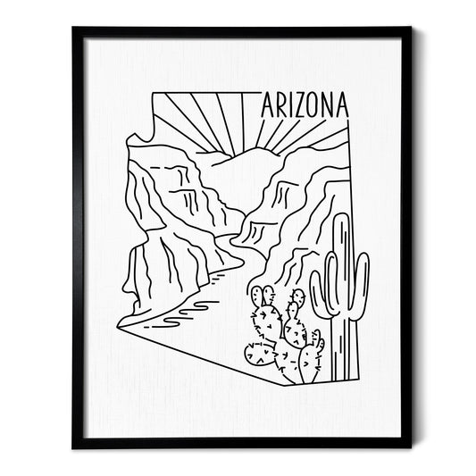 A line art drawing of the Arizona State Outline National Park on white linen paper in a thin black picture frame