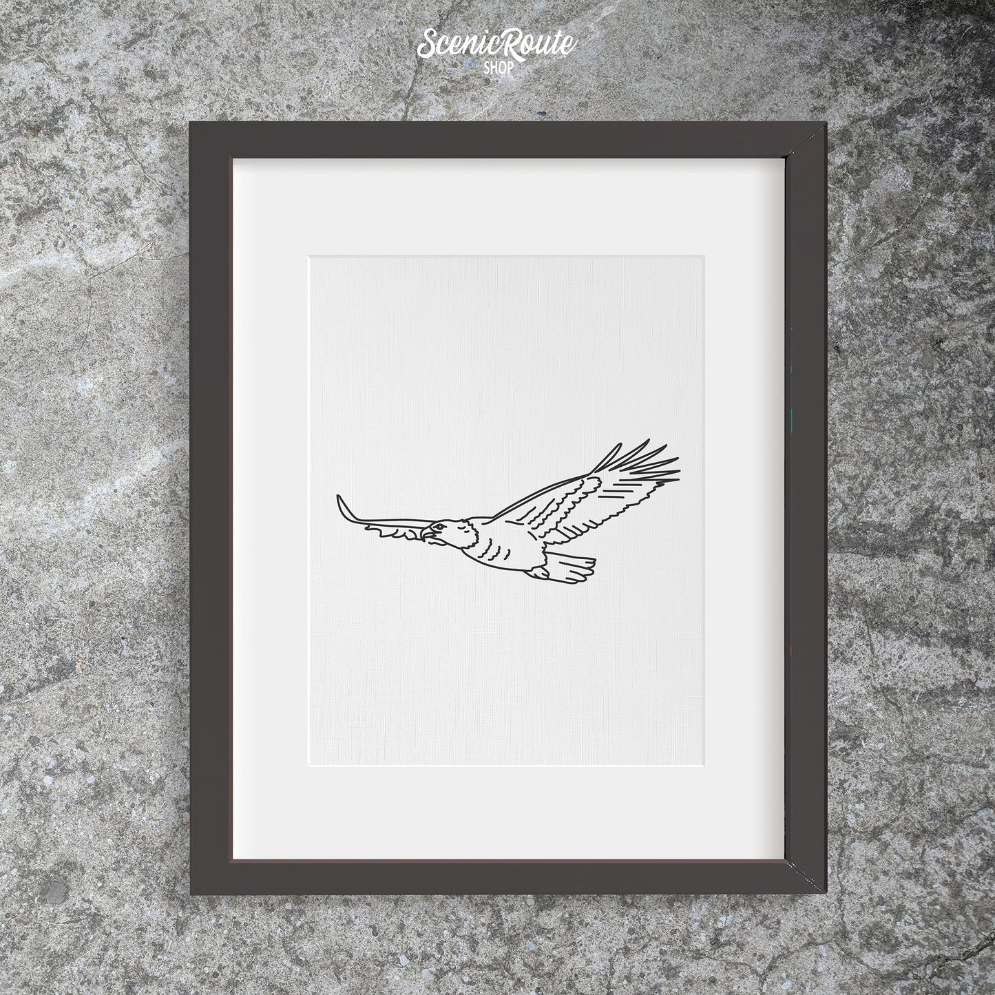 A framed line art drawing of an Eagle on a concrete wall